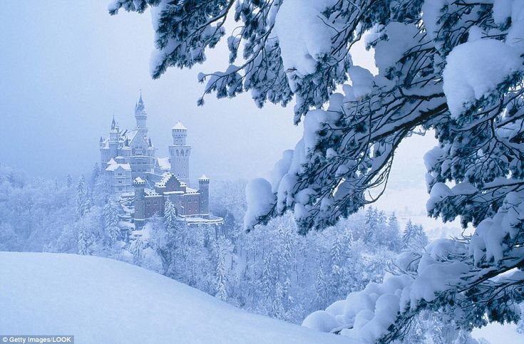 a castle in the distance surrounded by snow covered trees