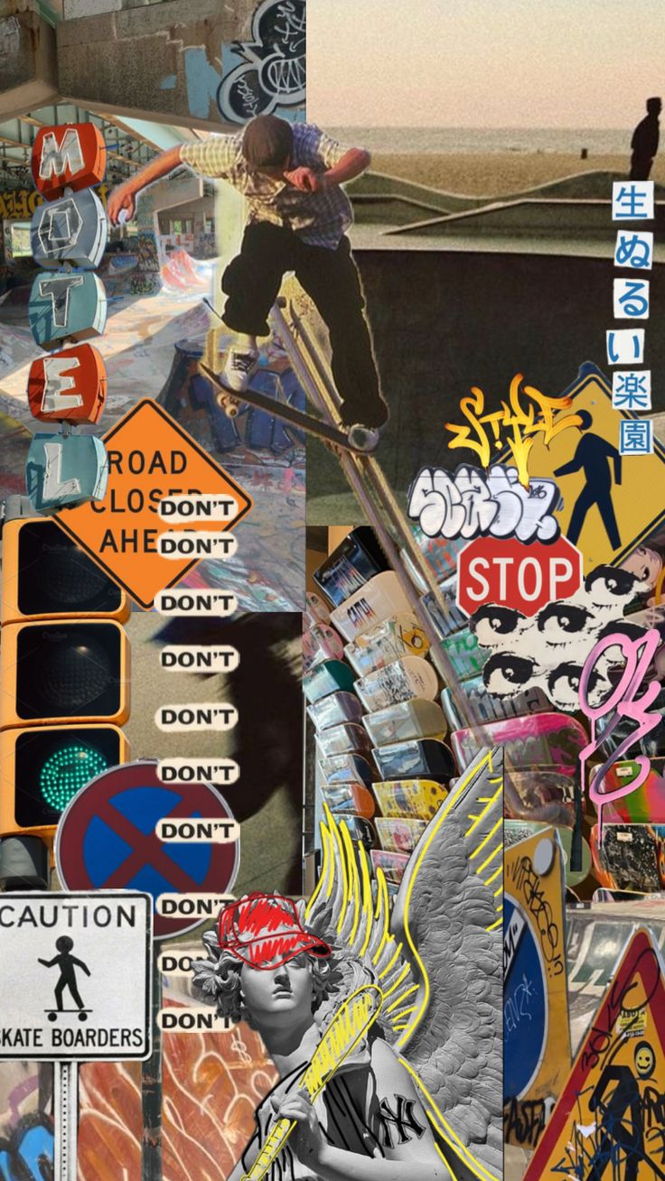 a collage of street signs and stickers with a person on a skateboard