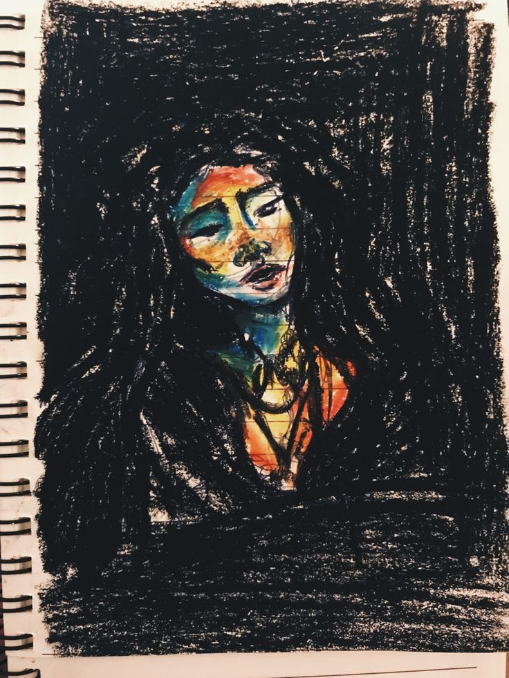 a drawing of a woman with dreadlocks on her head and eyes closed in front of a black background