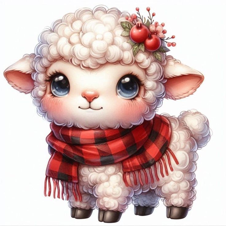 a cute sheep with a red scarf around its neck