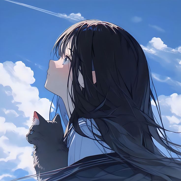 a woman with long hair and a cat in her lap looking up at the sky