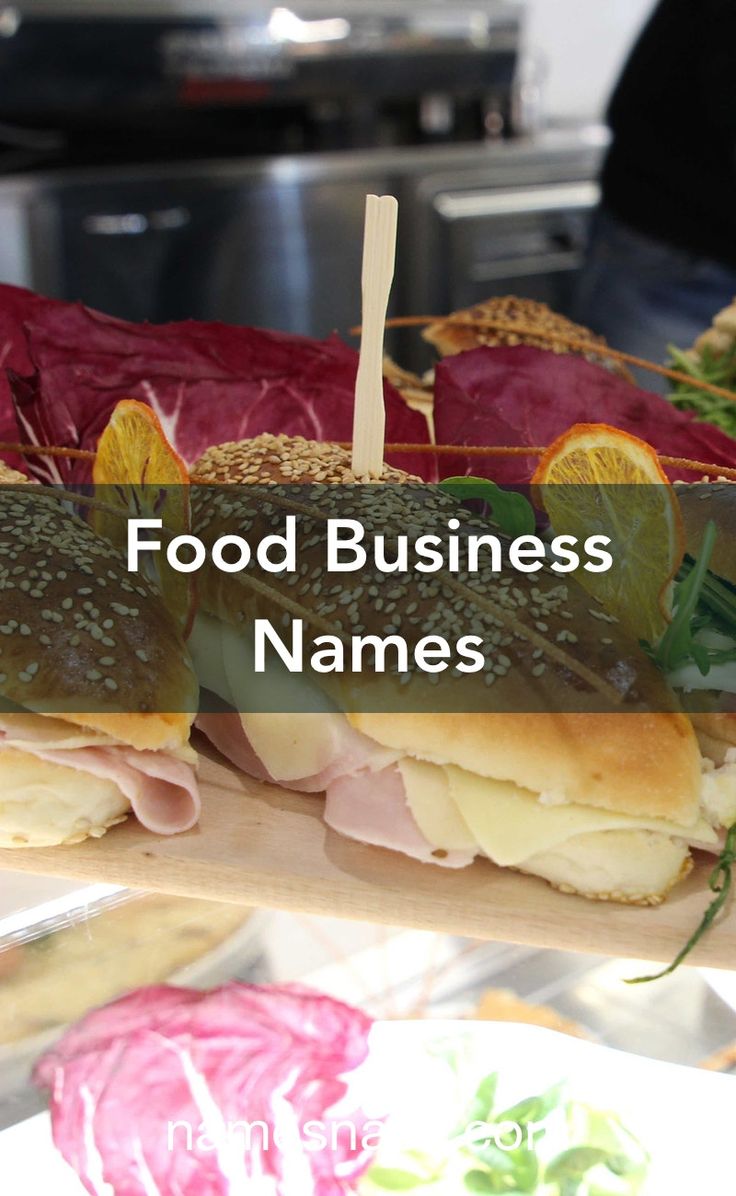 the food business names are displayed in front of an assortment of meats and vegetables