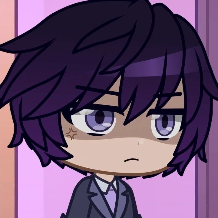 an anime character with black hair and blue eyes wearing a suit, standing in front of a pink wall