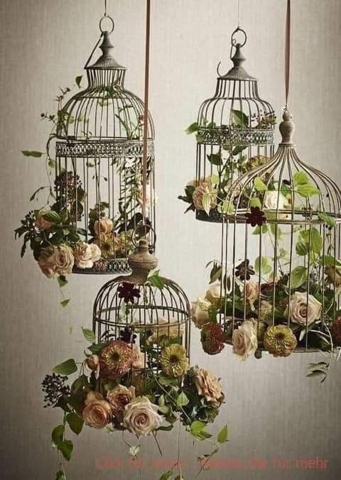 three bird cages with flowers hanging from them