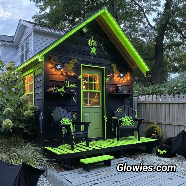 a small black and green house with lights on