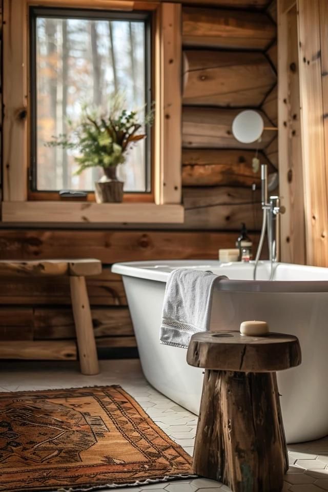 Rustic Charm: Log Home Bathroom Ideas Unveiled Log Cabin Flooring Ideas, Cabin Bathroom Ideas Rustic, Log House Bathroom, Log Home Bathroom Ideas, Cabin Bathroom Ideas, Log Cabin Homes Interior, Log Cabin Bathroom Ideas, Log Home Bathrooms, Log Cabin Bathrooms