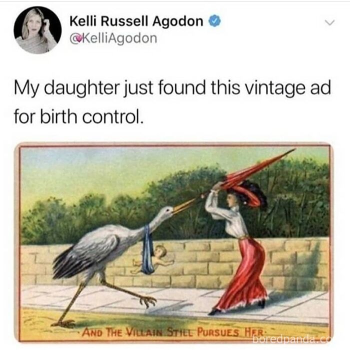 an image of a woman with a bird on her head and the caption reads, my daughter just found this vintage ad for birth control