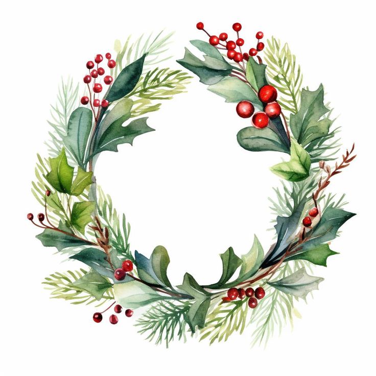 watercolor christmas wreath with holly and red berries