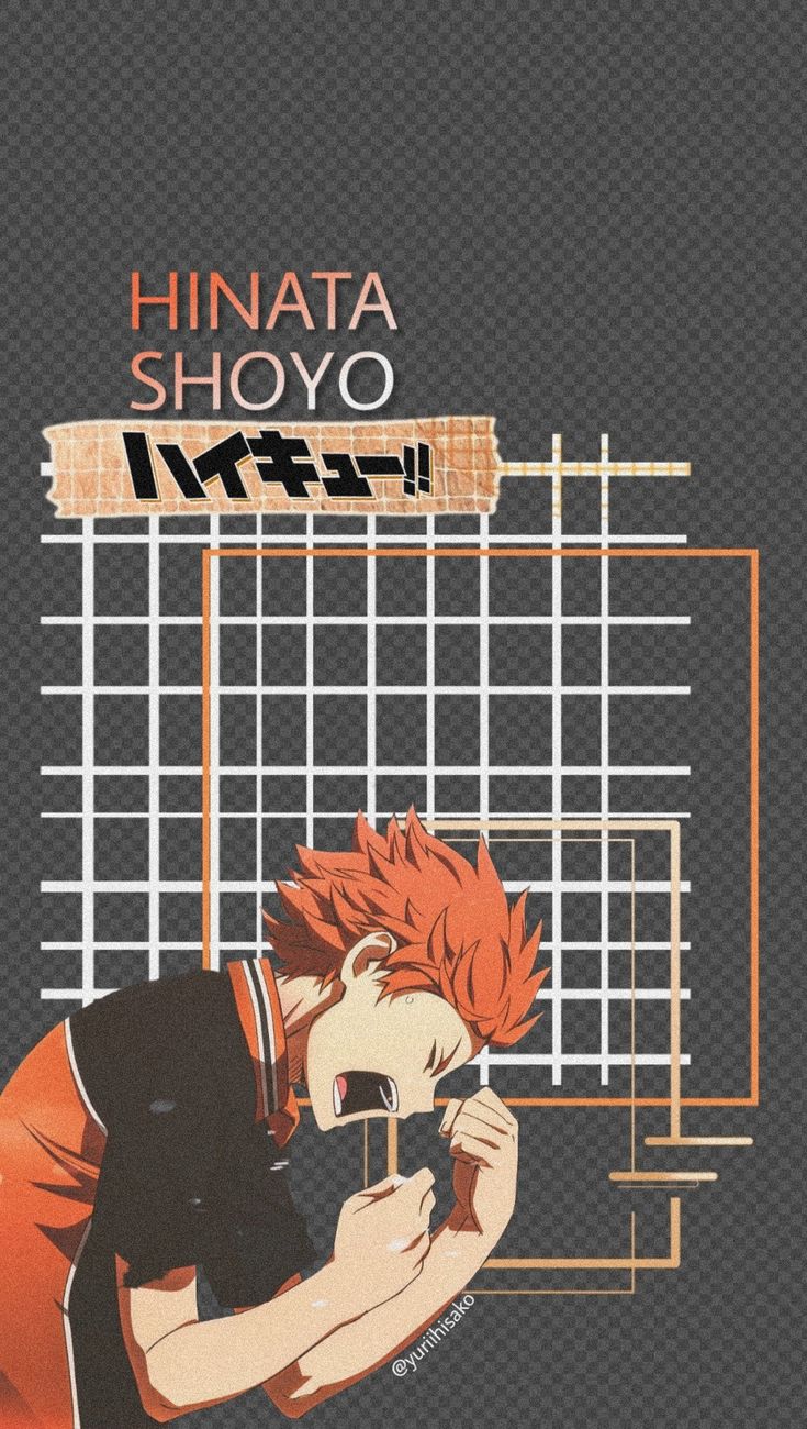 an anime character with red hair holding a cell phone in front of his face and the words hinata shoyo above him