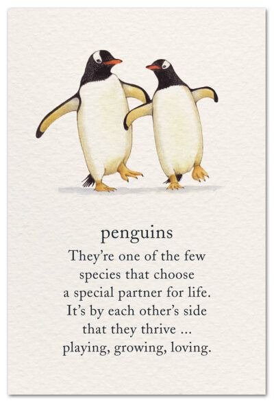 two penguins standing next to each other on top of a white sheet with the words penguins