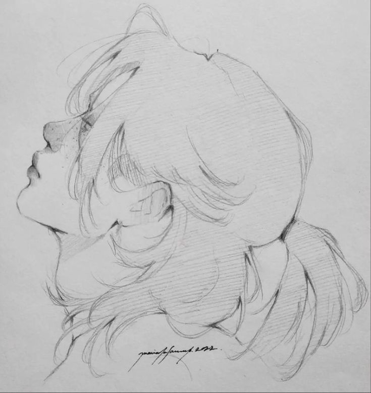 a drawing of a woman's head with her hair pulled back and eyes closed