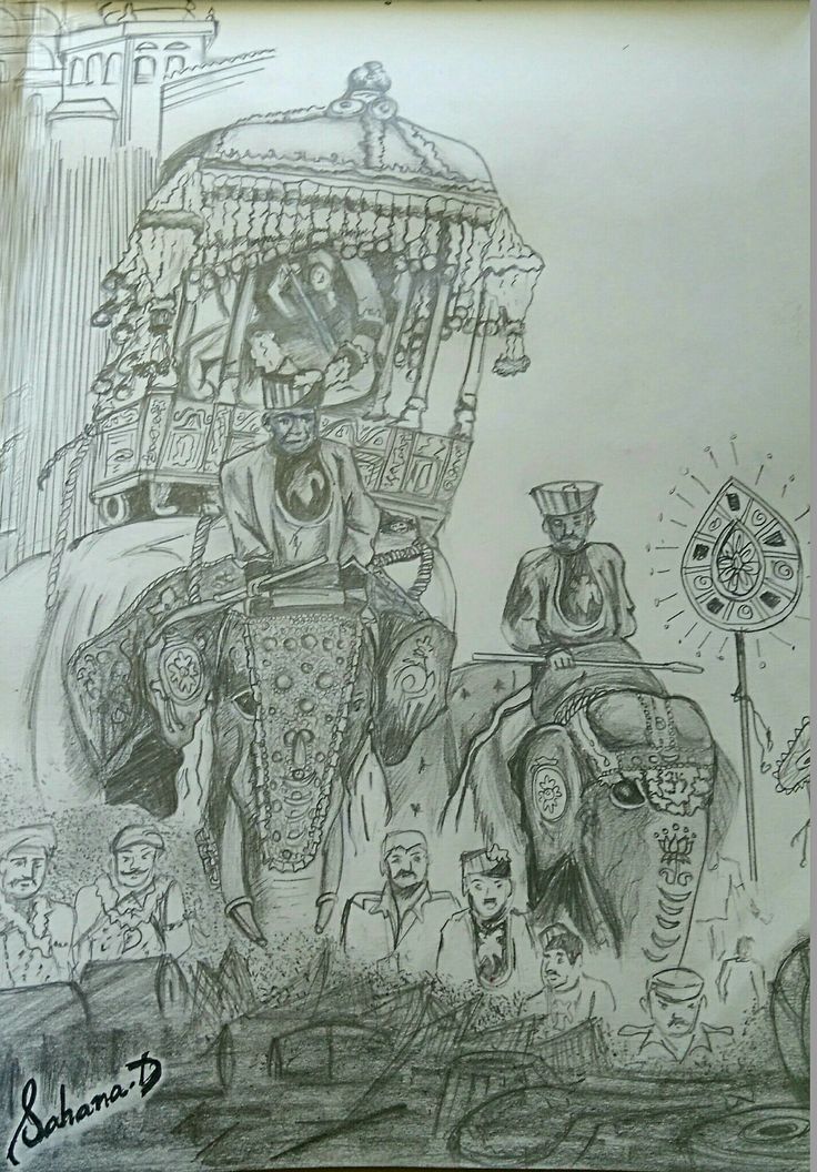 a drawing of an elephant carrying a man on it's back with other people standing around