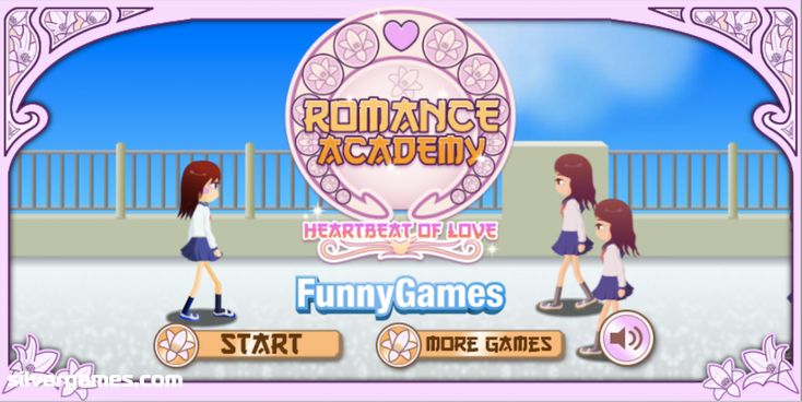 the title screen for romance academy, featuring two girls on roller skates in front of a fence