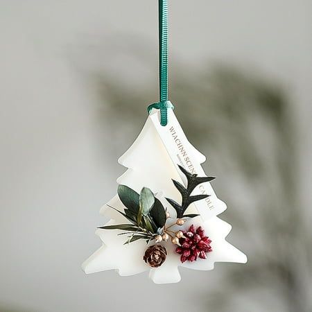 a christmas tree ornament hanging from a green string with pine cones and berries