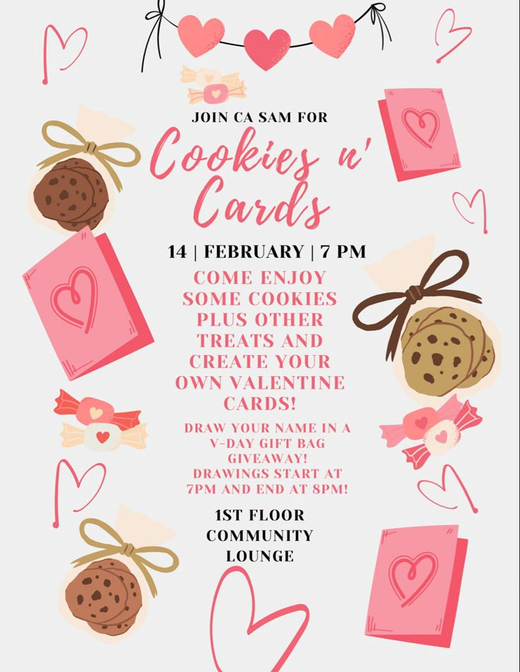 a poster for cookies and cards is shown in pink, with hearts on the side