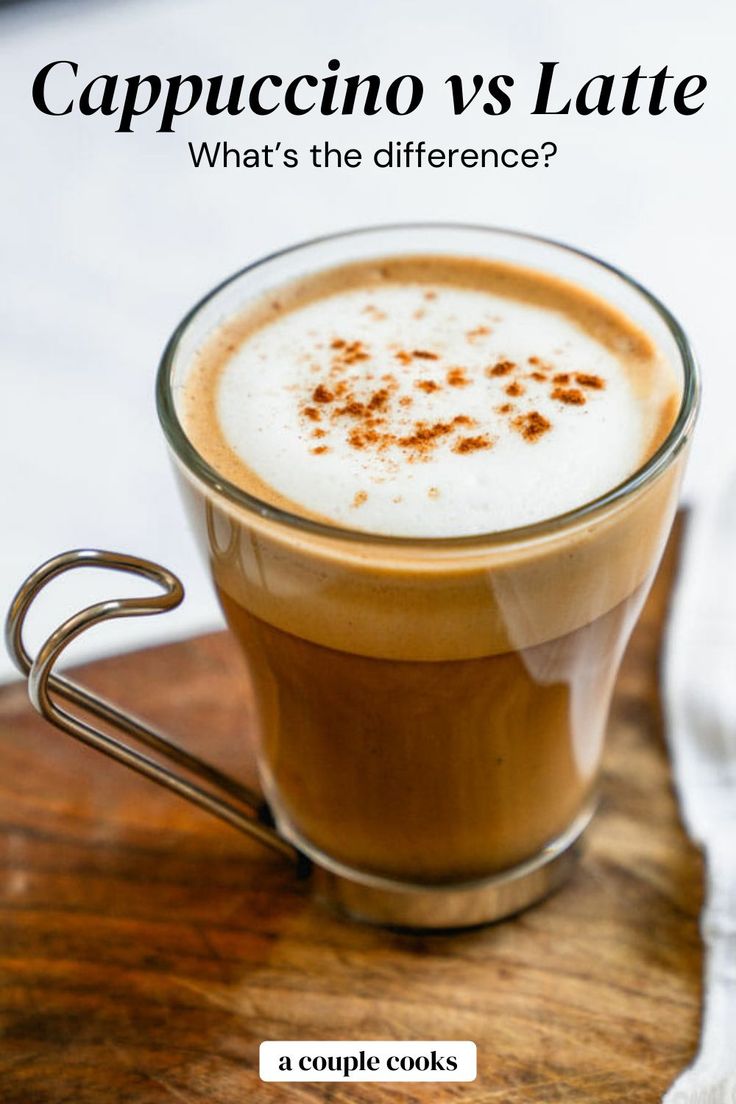 how to make a latte in a glass cup on a wooden tray with text overlay