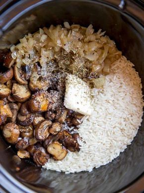 rice, mushrooms and other ingredients in a slow cooker