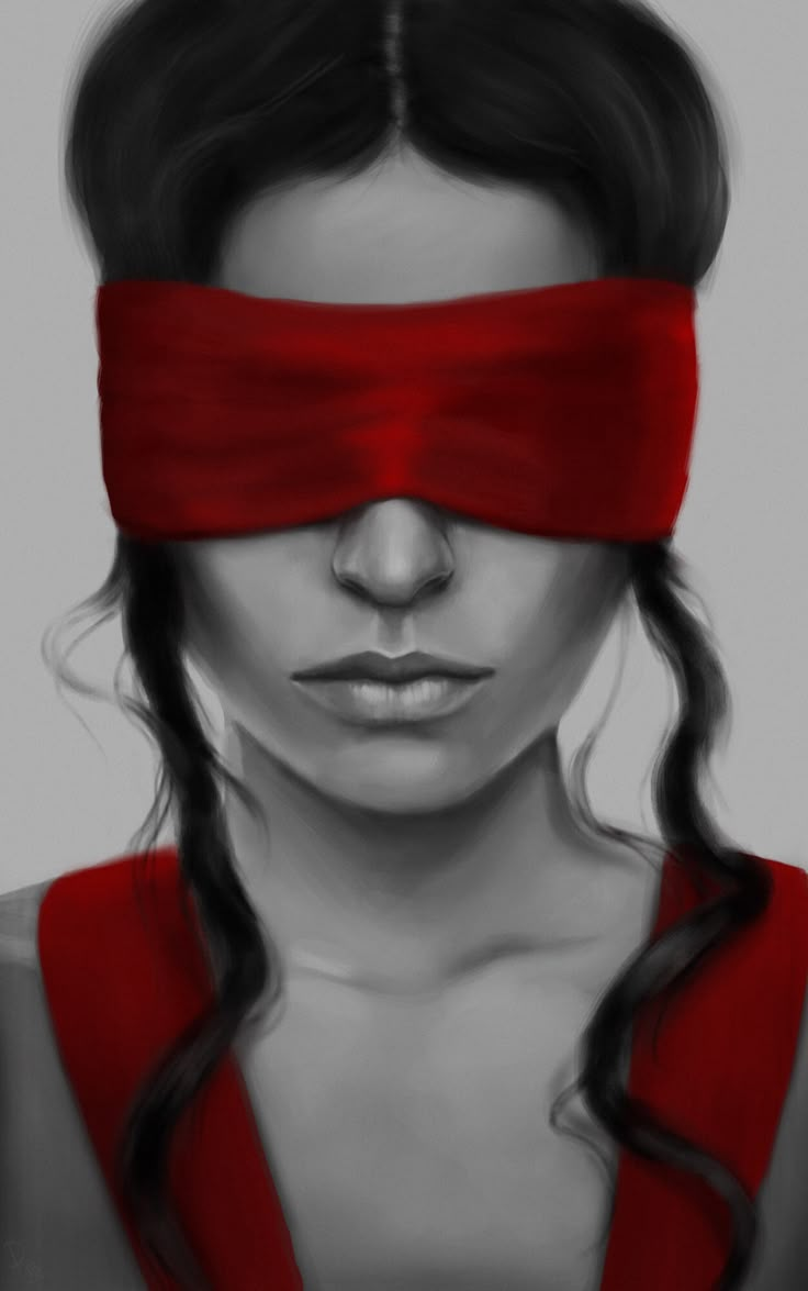 a drawing of a woman with a blindfold on her face and red tape around her eyes