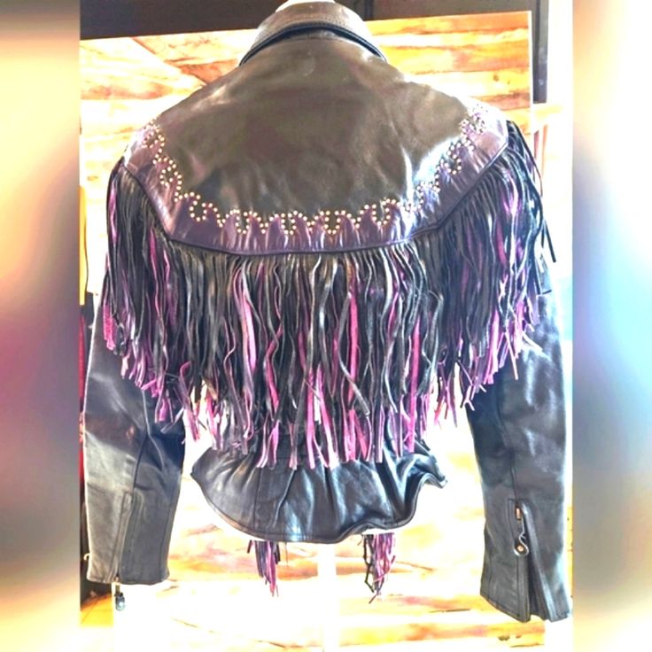 Euvc Vintage 1990s Motorcycle Biker Retro Jacket Very Nice Black Leather No Aging & Dry Areas Smells No Issues Barely Worn Needs To Be Worn & Broken In Fringe In Striking In Purple Pink Cool Long Fringe Is F & B Embellished W Metal Studs Purple Leather Rounded Insets Super Figure Flattering W The Gathered Elastic Back/ Waist Optional Snap Down Collar Full Zipper Up Front Zipper On Sleeves/Cuffs Size Medium Bust 34" Waist 28" By Western World By Shaf Inside Right Side Pocket For Safe Keeping! Ple Purple Fringe, Waist Jacket, Retro Jacket, Western World, Long Fringe, Long Fringes, Purple Leather, Vintage Jacket, Side Pocket