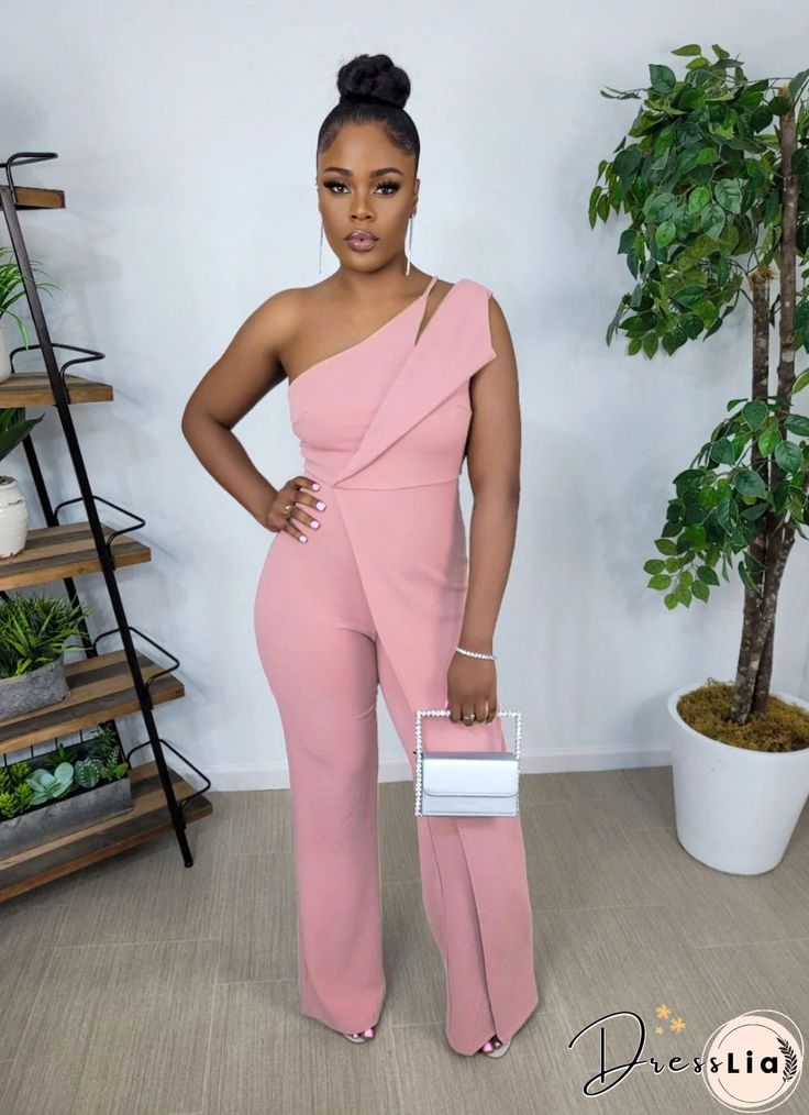 Elegant One Shoulder High Waist Straight Jumpsuit Pink Brunch, One Shoulder Backpack, Streetwear Fall, Rompers Womens Jumpsuit, Solid Jumpsuit, Wide Leg Romper, One Shoulder Jumpsuit, Pink Jumpsuit, Long Romper