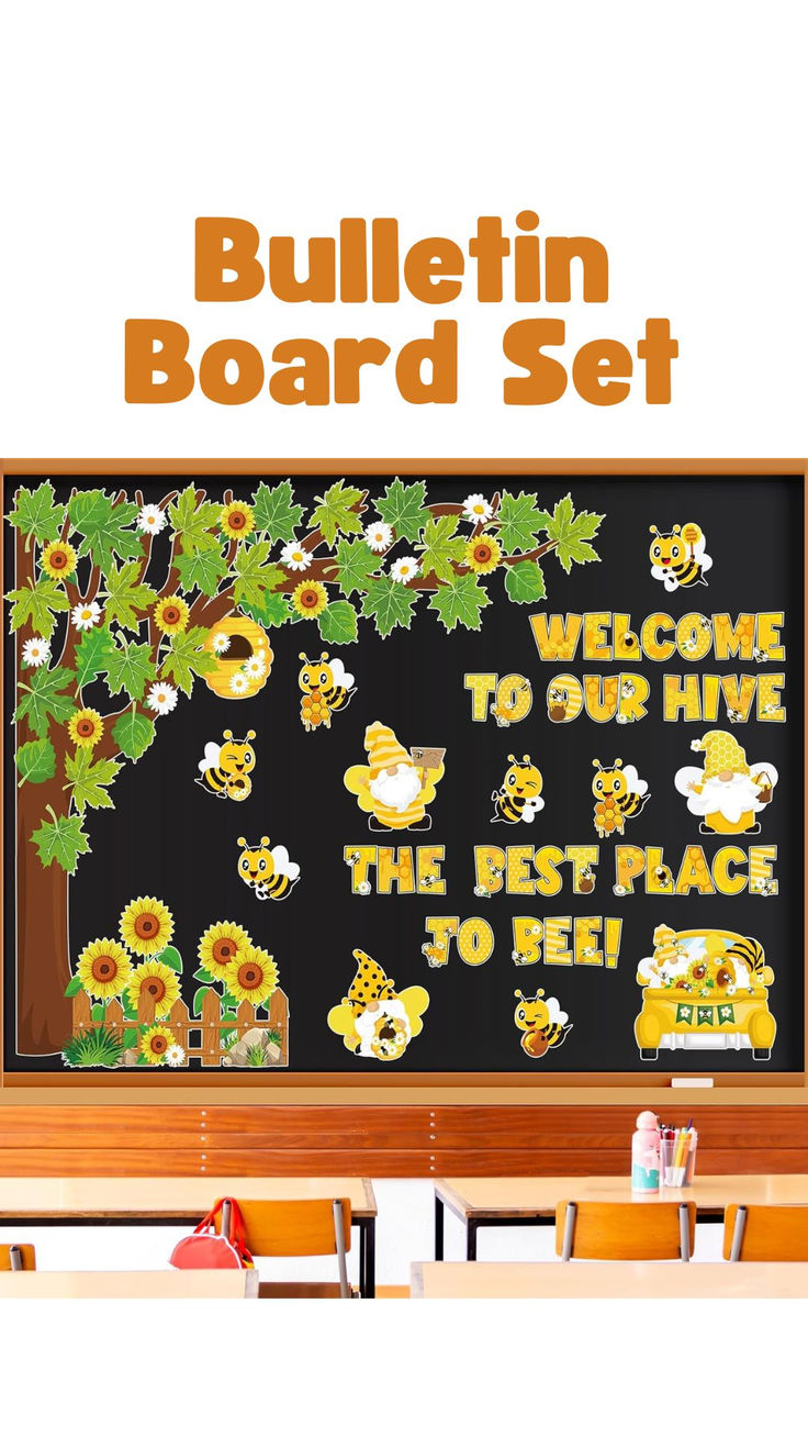 the bulletin board is decorated with bees and sunflowers