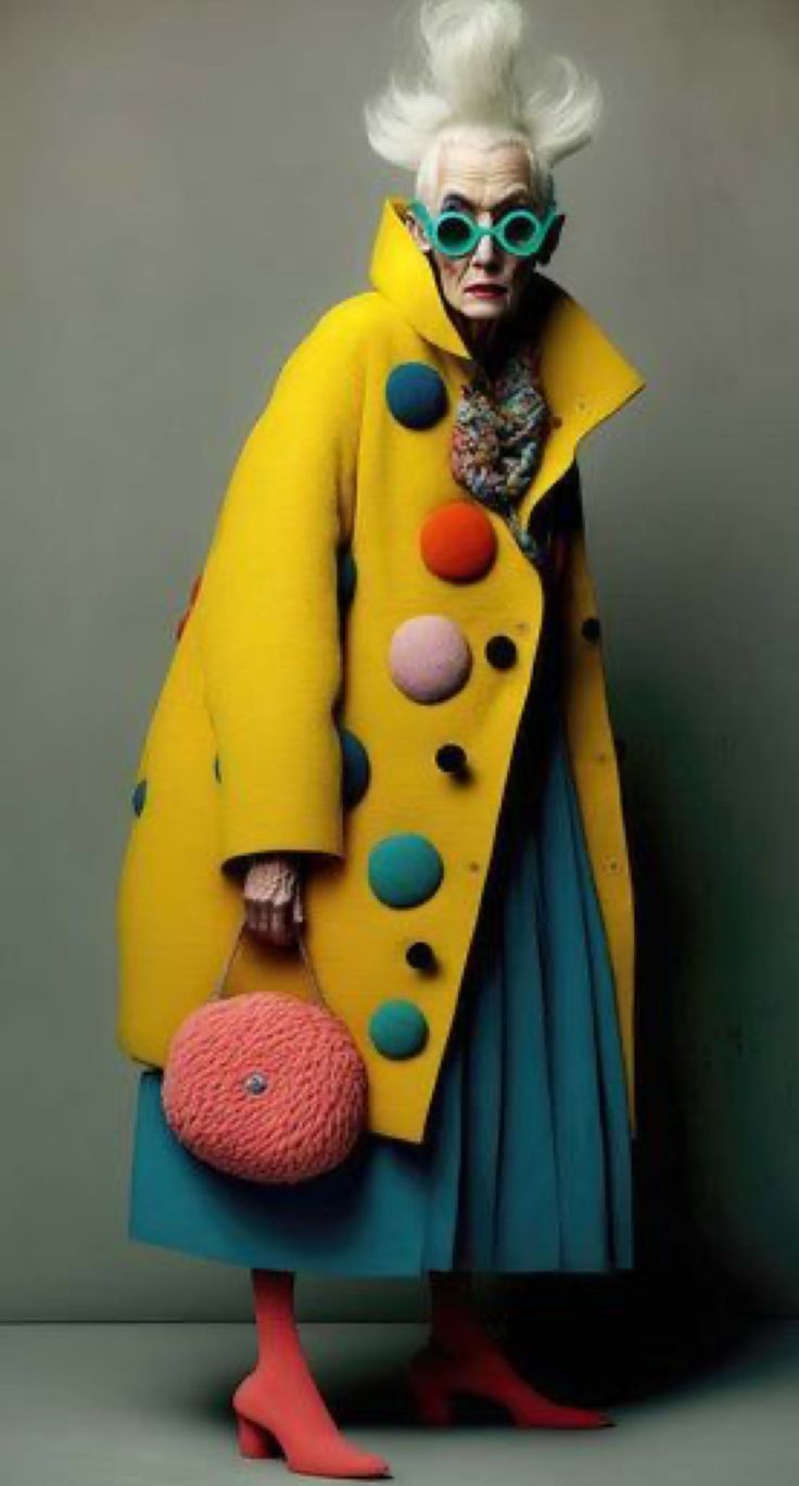 an older woman in a yellow coat and blue dress holding a pink bag with polka dots on it