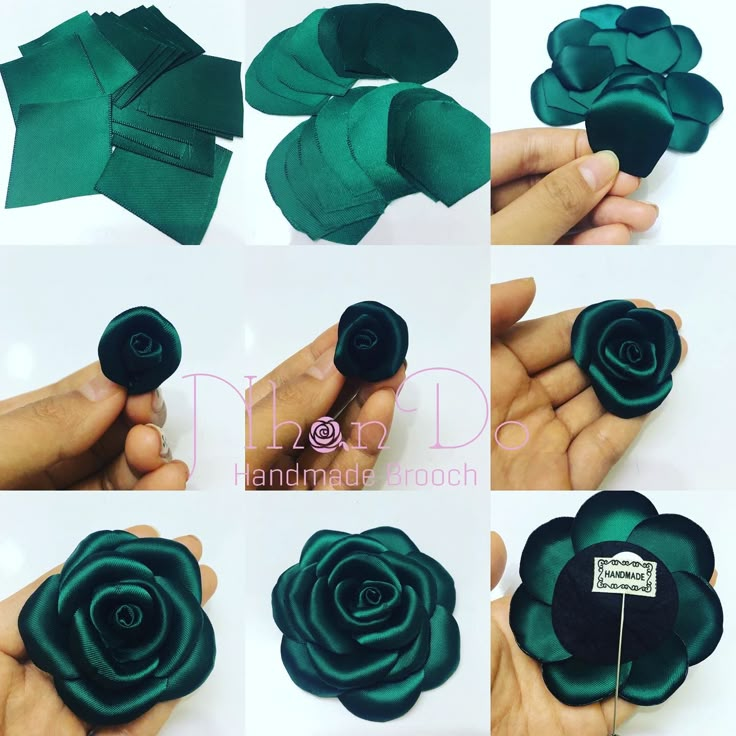 the process of making an origami flower out of satin ribbon and fabric material