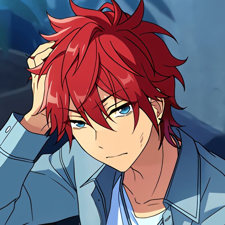 an anime character with red hair and blue eyes is looking at the camera while holding his hand to his head