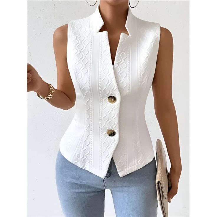 Add A Touch Of Sophistication To Your Business Casual Wardrobe With This White Asymmetrical Button Vest. Its Modern Design, Featuring A Distinctive Asymmetrical Button Placket, Enhances Any Outfit With A Refined Edge. The Vest Offers A Slight Stretch For Added Comfort, Making It Ideal For Spring And Fall. Sleek And Easy To Care For, It’s The Perfect Piece To Elevate Your Professional Look. Fitted Tops With Side Buttons For Spring, Sleeveless Blazer Vest, Dressy Clothes, Sleeveless Blazer, Celebrity Design, Chic Outfit, Suit Vest, Sleeveless Vest, Clothing Size Chart