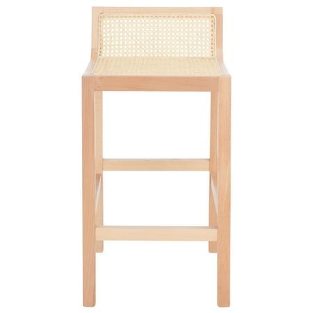 a wooden stool with wicker seat and backrests on an isolated white background