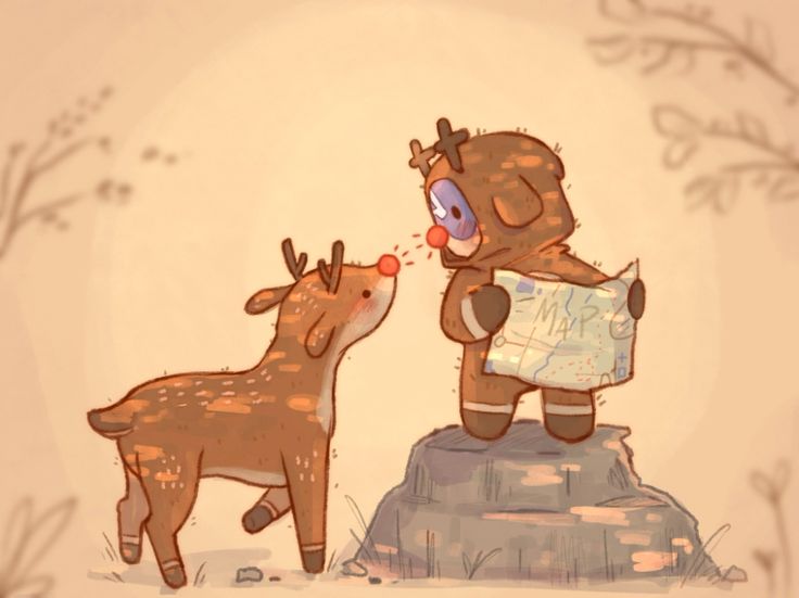 a drawing of a reindeer and a deer looking at each other's eyes while standing on top of a rock