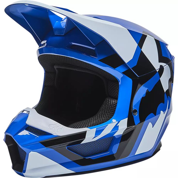 the blue and white helmet is shown on a white background with no image in it