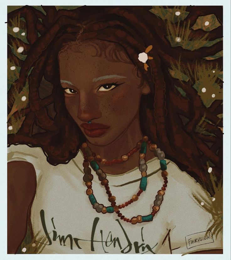 a painting of a woman with dreadlocks wearing a t - shirt and necklace