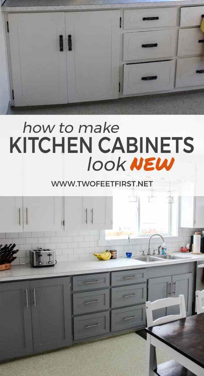 the kitchen cabinets are painted white and have been updated to look new with gray paint