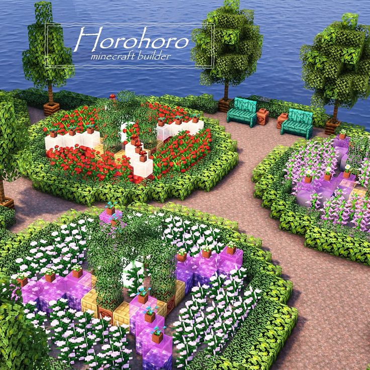 an artistic rendering of a garden with flowers and benches in the center, surrounded by water