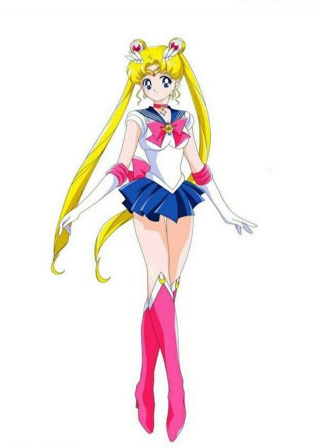 sailor girl with long blonde hair and pink boots is standing in front of a white background