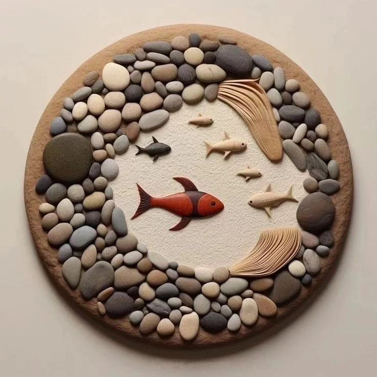 a plate made out of rocks and stones with fish on it