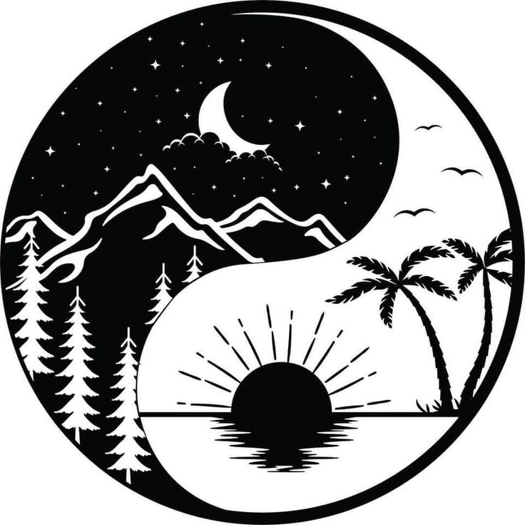 a black and white image of the moon, trees, and mountains in a circle