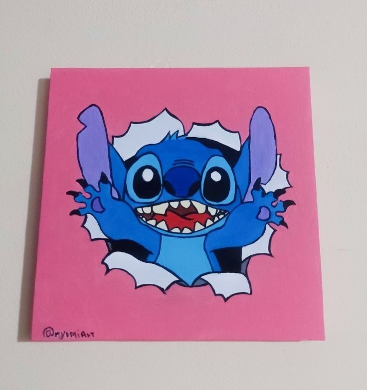 a painting of a blue cartoon character with big eyes and teeth on a pink background