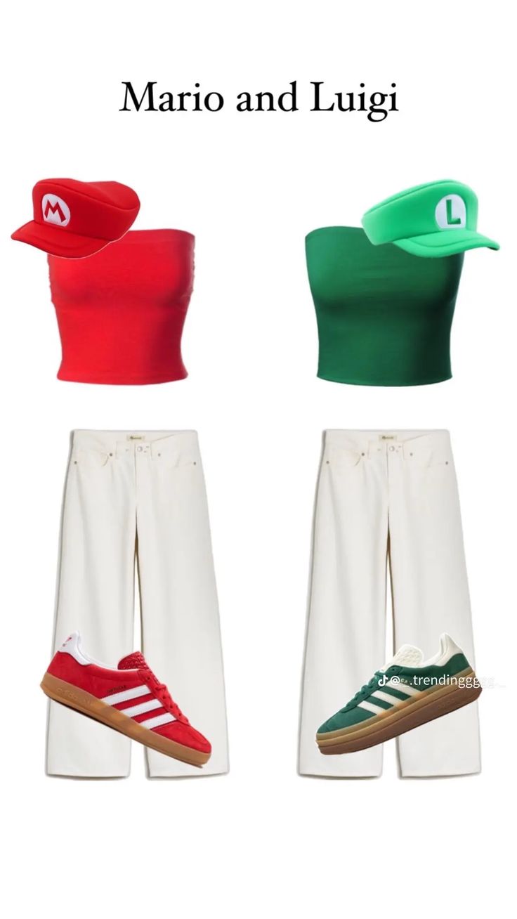 three different outfits with hats and shoes on them, one in red, the other in green