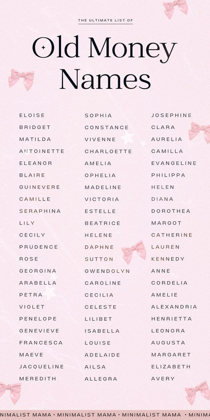 an old money names poster with pink bows