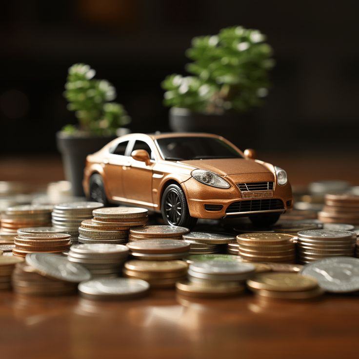 a toy car sitting on top of a pile of coins