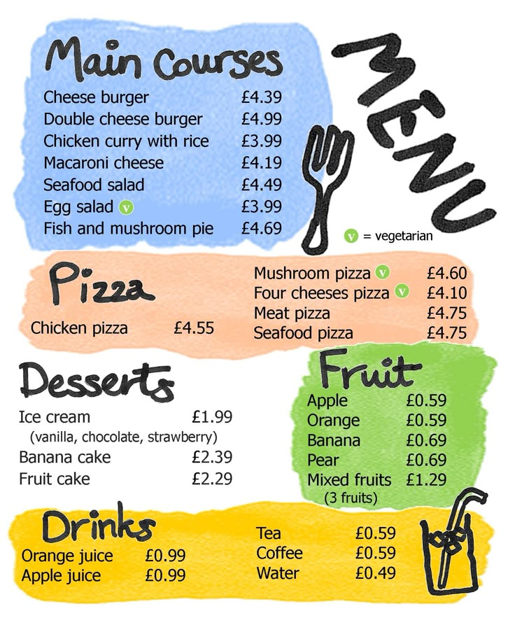 a menu with different types of food and prices for each type of restaurant or bar