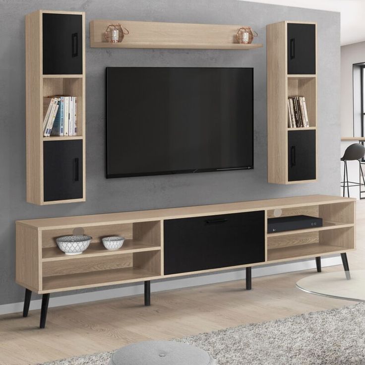 a living room with a large entertainment center