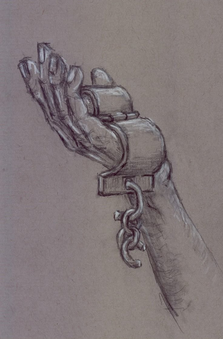 a drawing of a hand holding something in it's left arm with a chain hanging from the wrist