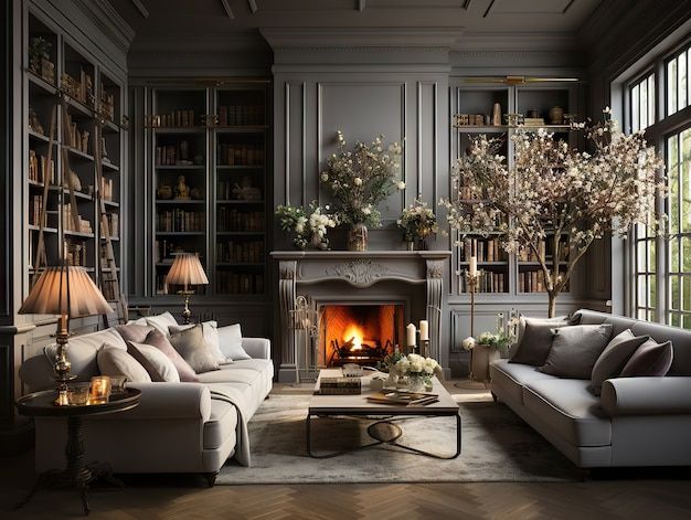 a living room filled with furniture and a fire place in the middle of a room