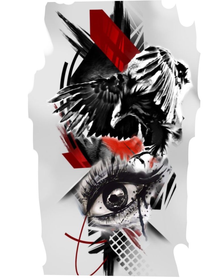 an artistic painting with black and red details on it's face, including a bird