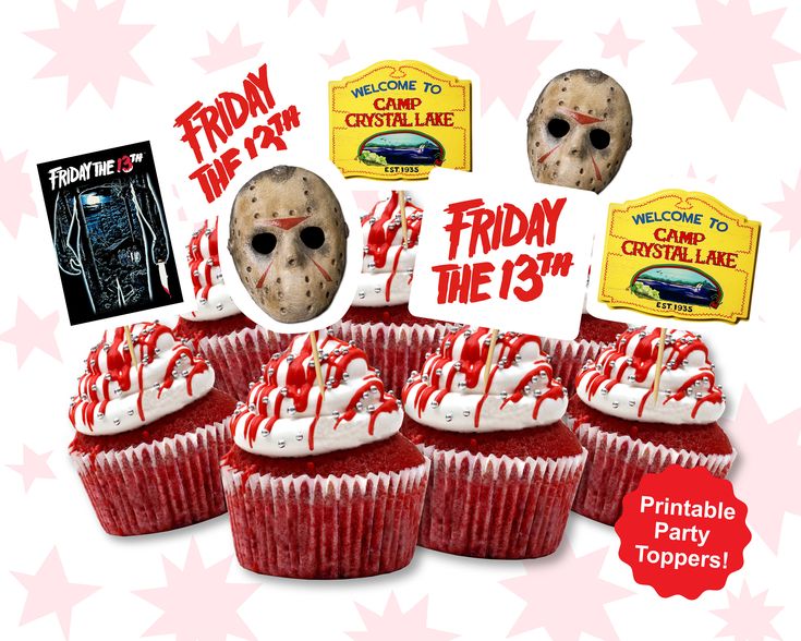 friday the 13th cupcakes are decorated with red and white frosting