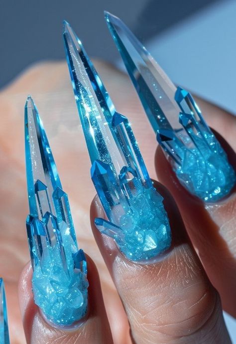 Blue Claw Nails, Ice Crystal Nails, Water Blue Nails, Fantasy Nails Designs, Blue Crystal Nails, Glow Nail Art, Blue Diamond Nails, Ice Nails, Witch Nails