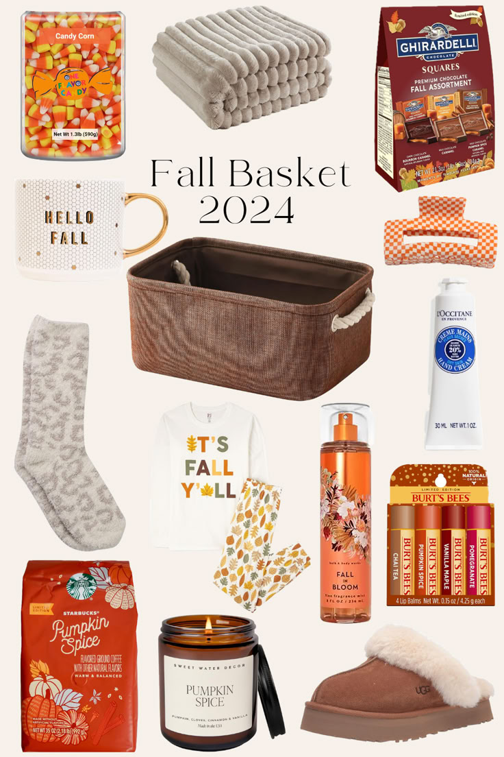 Fall Cute Fall Gift Ideas, Party Favor Basket Ideas, Fall Basket For Teachers, Thanksgiving Themed Gift Baskets, Fall Baskets For Teachers, Fall Presents Gift Ideas, Seasonal Gift Basket Ideas, Fall Teacher Gift Basket, Fall Homemade Gifts